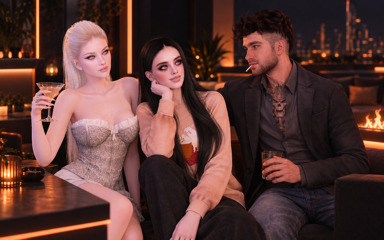 Three Second Life friends spending time together in a warmly lit lounge.