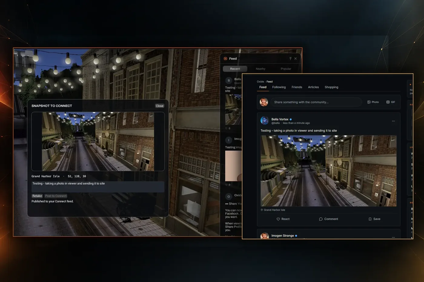 The Oxide Viewer running alongside Oxide Connect, showing the in world view and the Connect interface side by side.